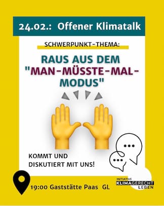 24.02.2026 19.00 Uhr:   offener klimatalk Bergisch Gladbach